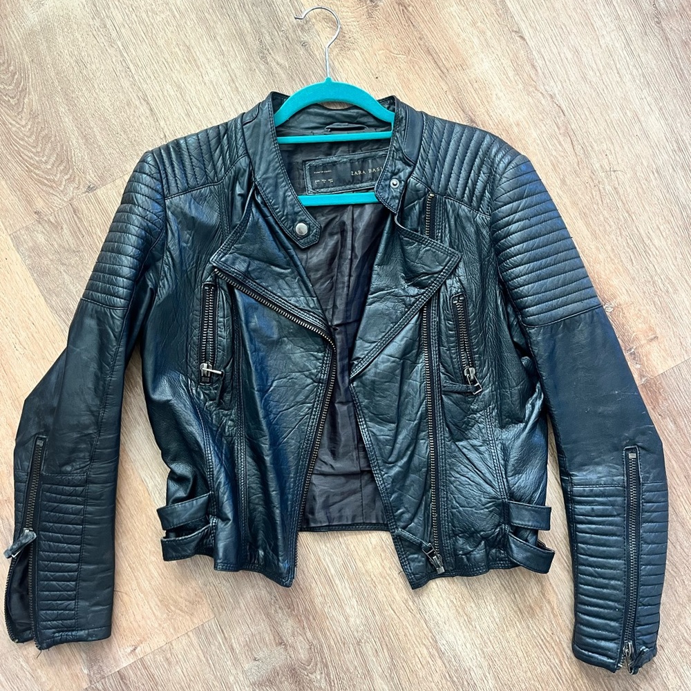 Zara basic genuine leather jacket with side buckles size L